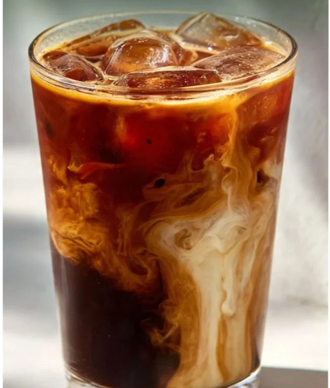 Refreshing honey almond cold brew beverage with coffee and almond milk.