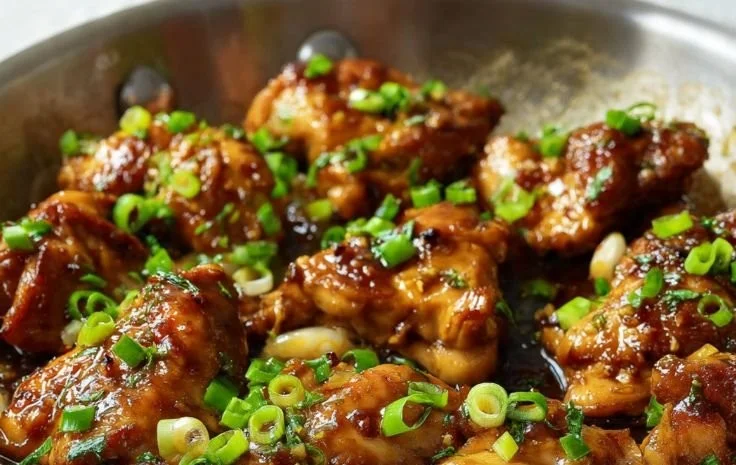 Plate of honey ginger chicken garnished with herbs