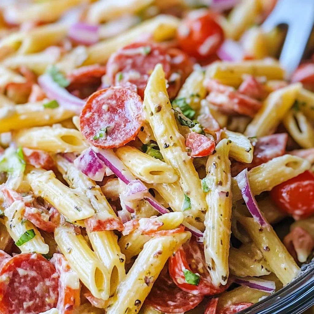 A colorful bowl of Italian Grinder Pasta Salad topped with fresh vegetables and dressing.