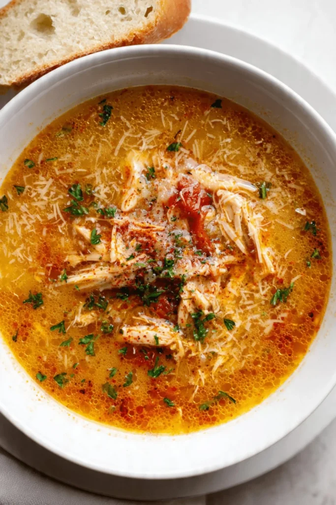 Bowl of Italian Penicillin Soup garnished with herbs and vegetables
