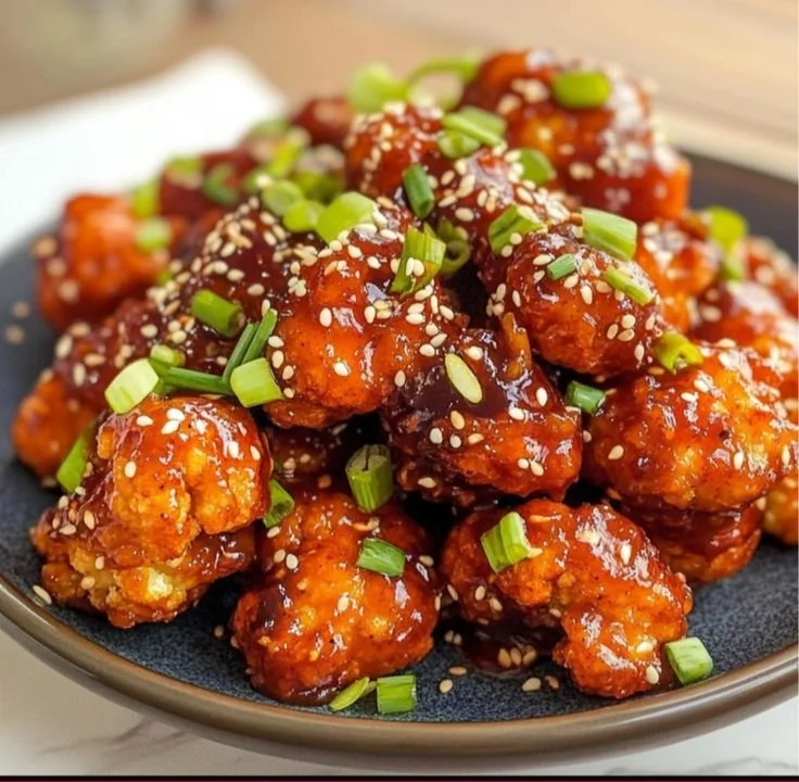 Plate of crispy Korean Fried Cauliflower garnished with sesame seeds and green onions