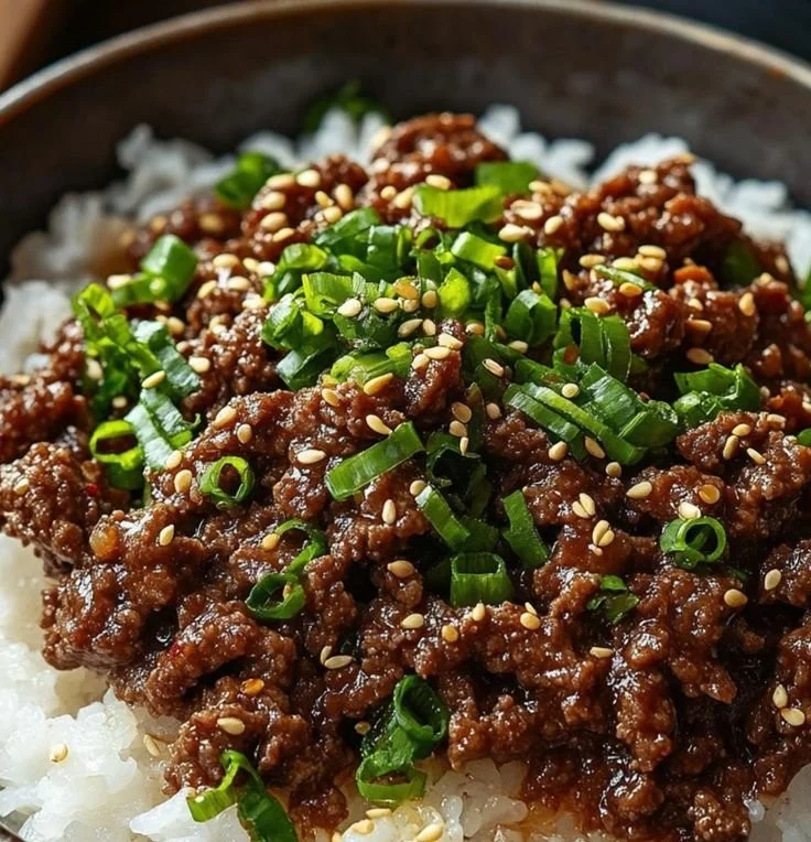 Delicious Korean Ground Beef Bowl with fresh vegetables and savory sauce.