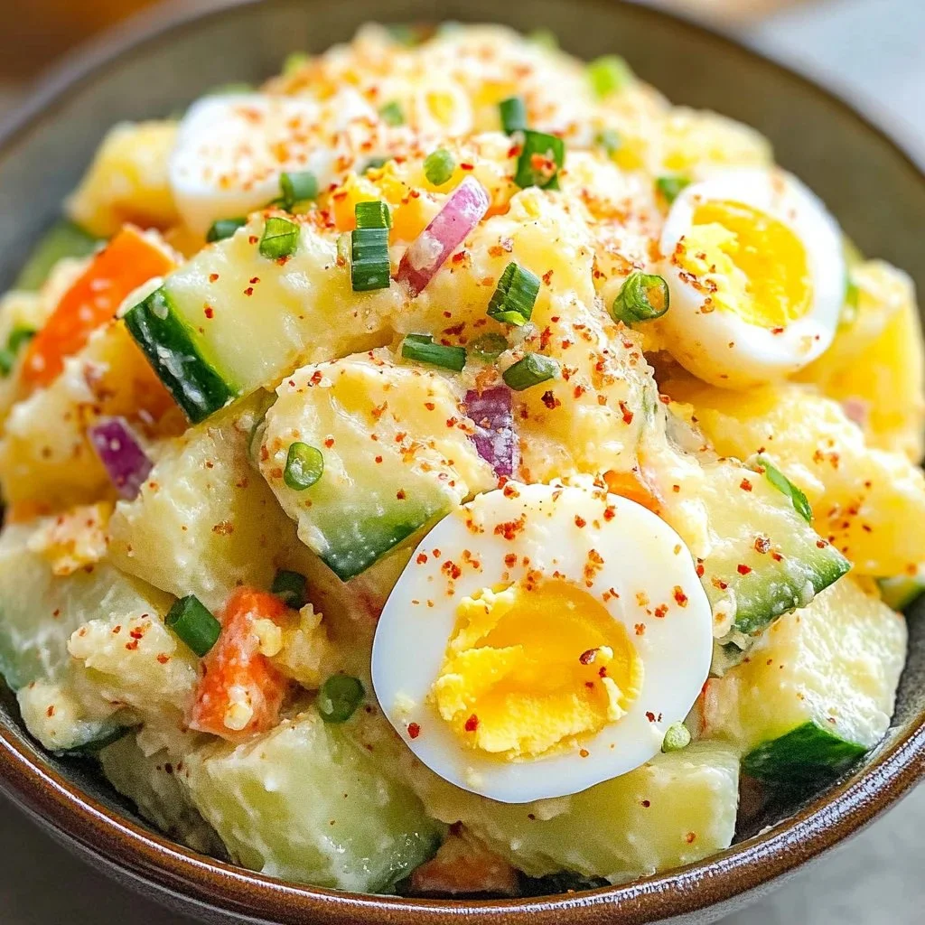 Delicious Korean Potato Salad (Gamja Salad) served in a bowl with fresh vegetables.