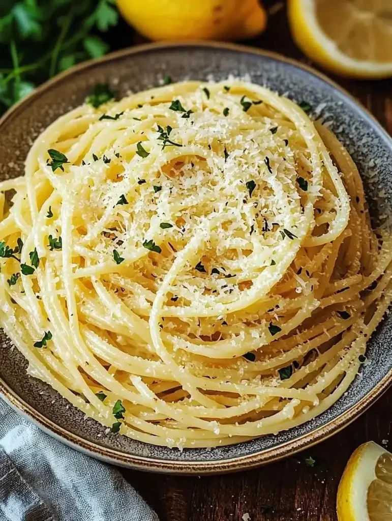Plate of Lemon Garlic Parmesan Pasta with fresh herbs and grated cheese