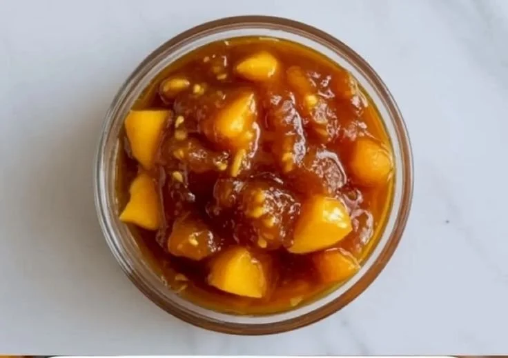 A jar of homemade mango chutney with fresh mangoes and spices