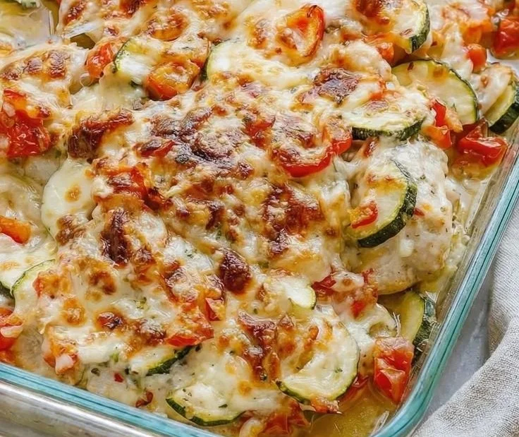 Mediterranean Chicken with Zucchini and Feta garnished with fresh herbs