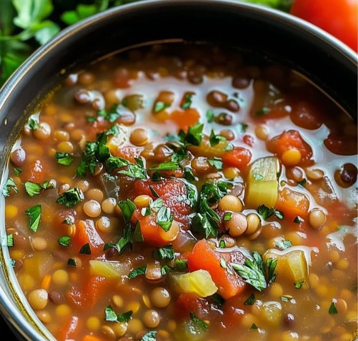 Bowl of Mediterranean Lentil Soup with fresh herbs and vegetables
