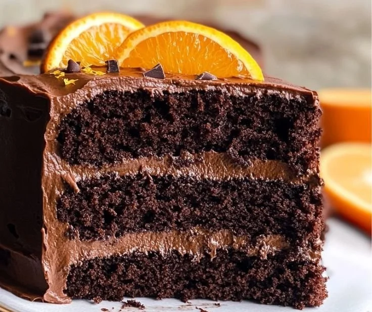 Moist chocolate orange cake topped with zest and chocolate ganache