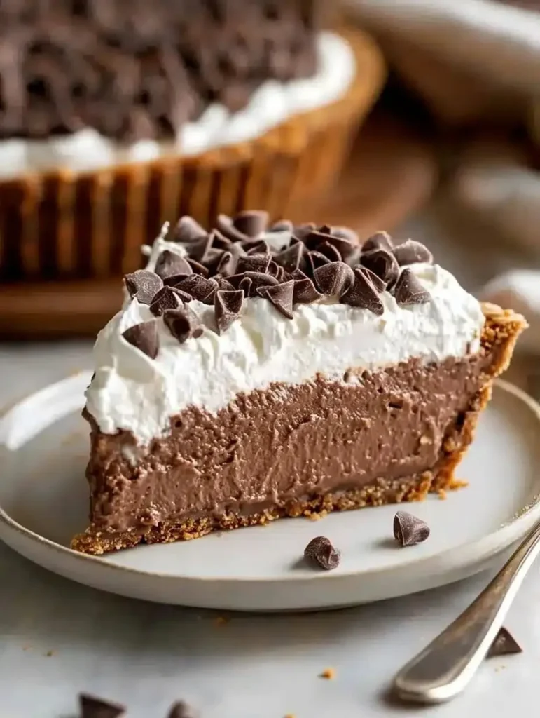 Delicious no-bake chocolate pie topped with whipped cream and chocolate shavings