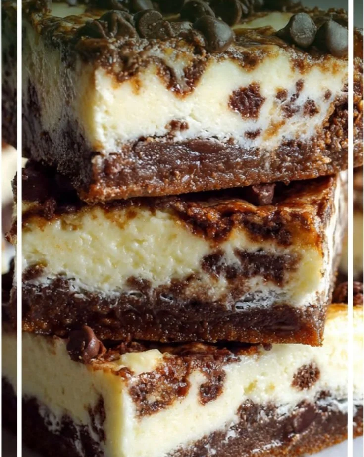 No-bake cookie dough cheesecake bars topped with chocolate chips