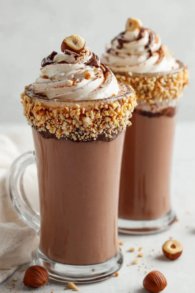 Delicious Nutella milkshake topped with whipped cream and chocolate sprinkles