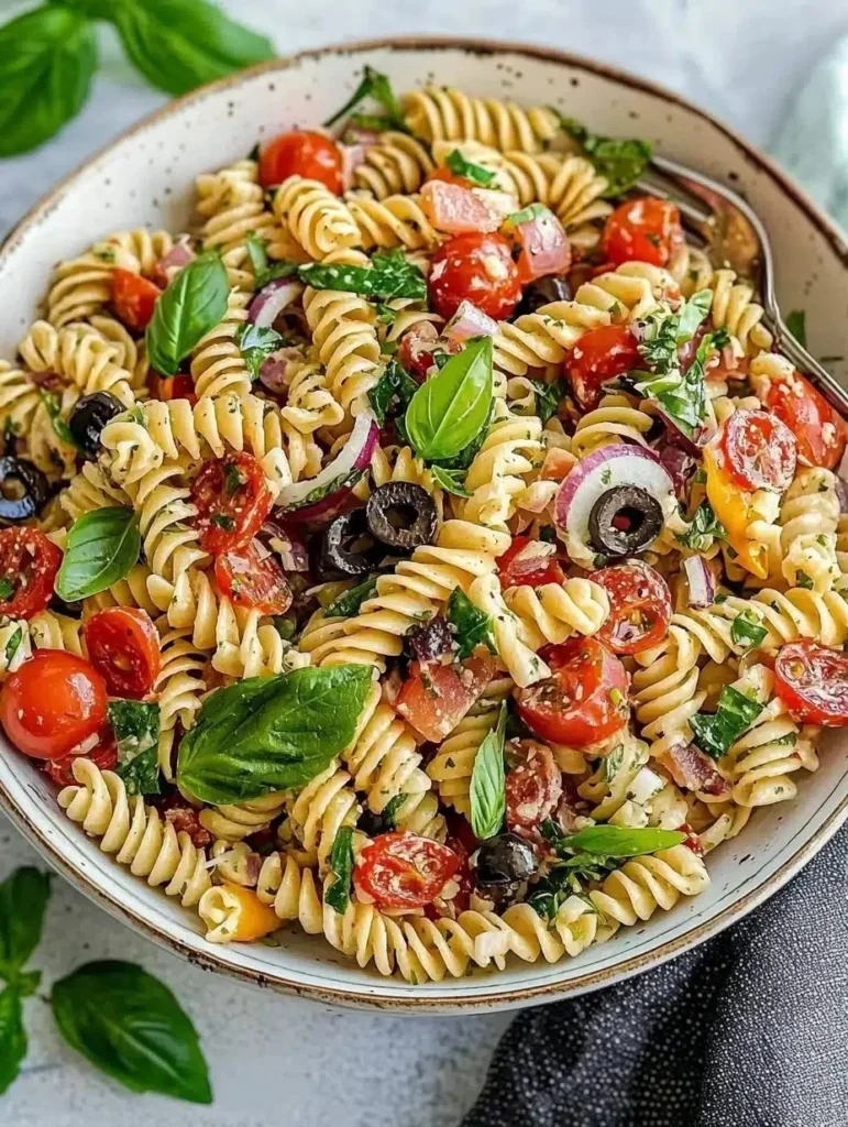 Delicious pasta salad with Italian dressing and colorful vegetables.