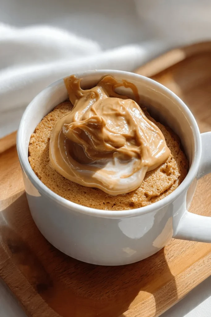 Delicious Peanut Butter Cake Mug topped with creamy peanut butter frosting