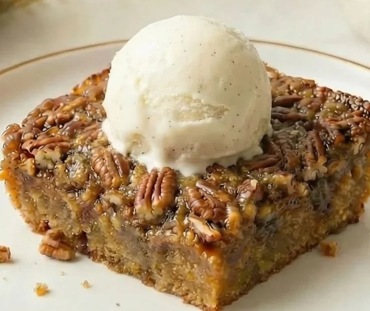 Delicious pecan pie dump cake with pecans and a golden crust