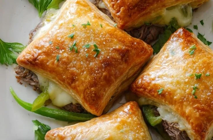 Philly cheese steak puff pastry baked to golden perfection