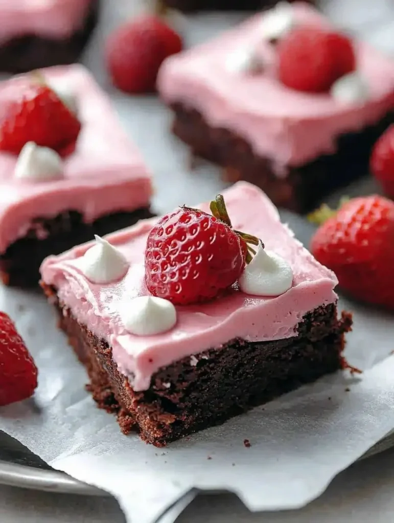 Delicious pink frosted brownies on a decorative plate