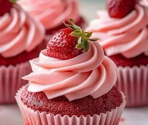 Delicious pink velvet cupcakes with cream cheese frosting