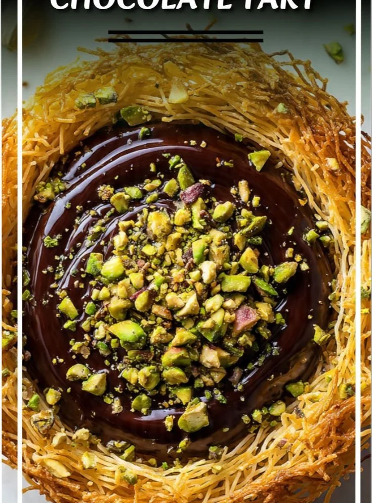Pistachio Chocolate Tart decorated with Kataifi pastry on a white plate.