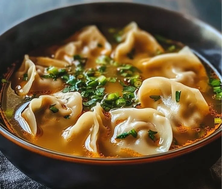 Bowl of Potsticker Soup with dumplings and vegetables in rich broth