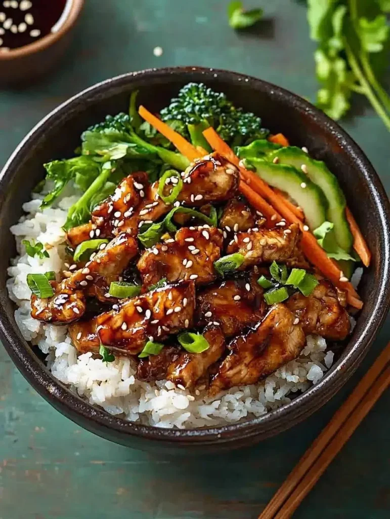 Delicious rice bowl topped with homemade teriyaki chicken served with vegetables