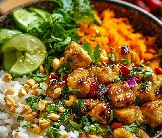 Delicious rice bowl with colorful vegetables and spices