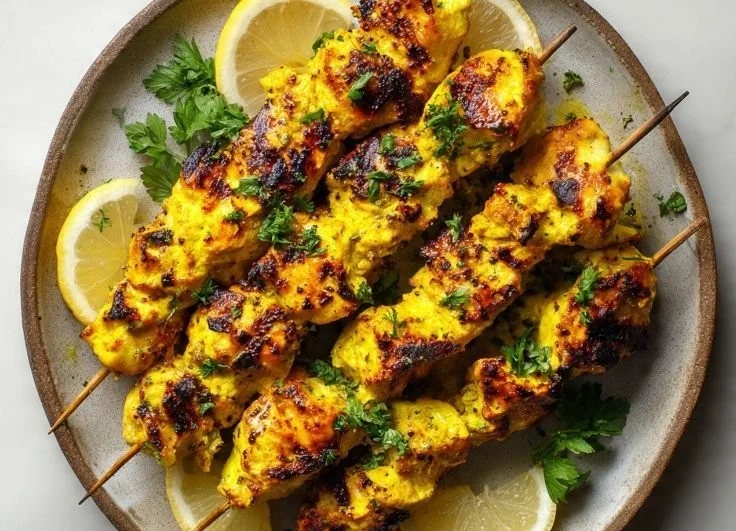 Grilled saffron chicken kebabs served on a platter with fresh vegetables.
