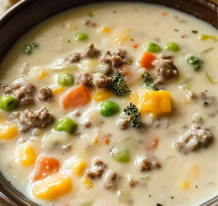 Bowl of Shepherd's Pie Soup with vegetables and meat topped with mashed potatoes.
