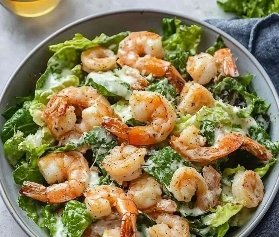 Delicious Shrimp Caesar Salad with fresh shrimp, romaine lettuce, and creamy dressing