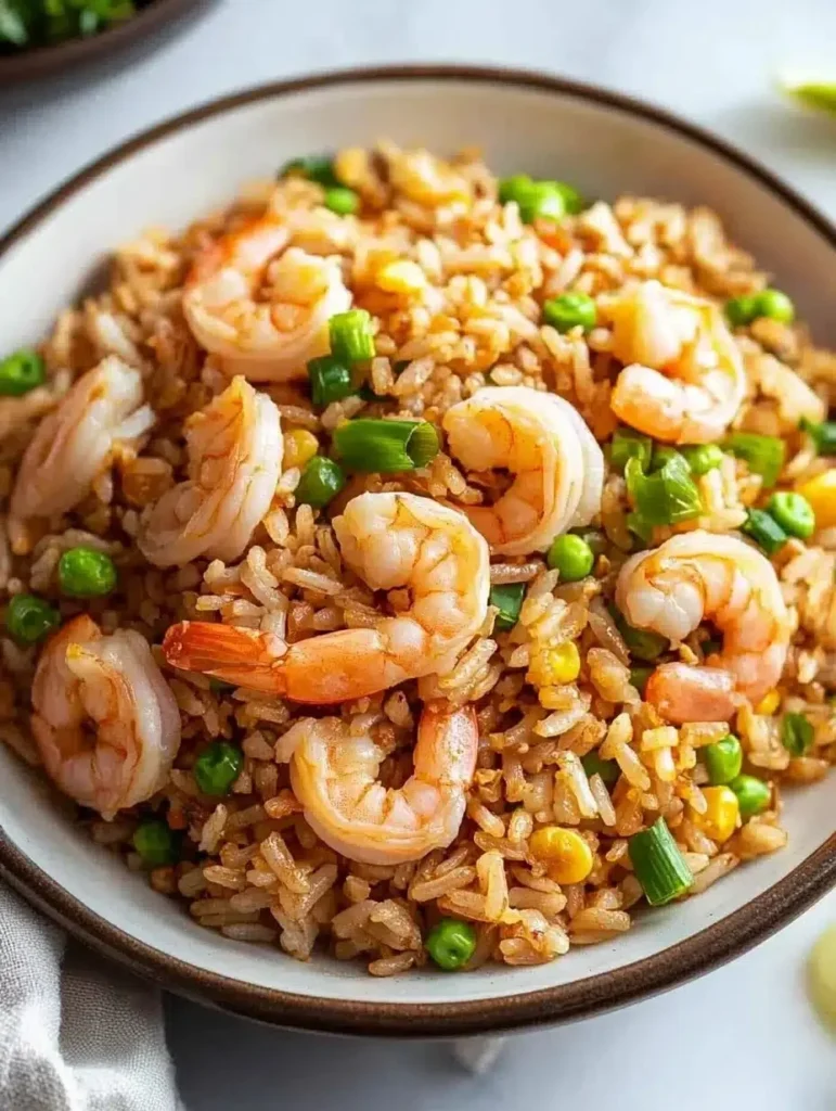 Delicious shrimp fried rice garnished with green onions in a bowl