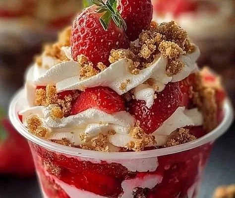 Delicious strawberry cream dessert cups topped with fresh strawberries