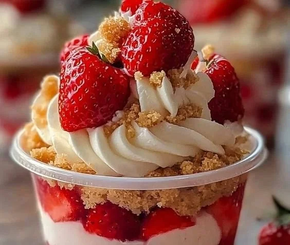 Delicious strawberry shortcake cups topped with fresh strawberries and whipped cream.