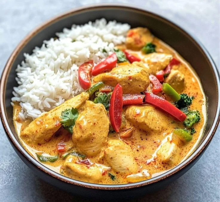 A bowl of Thai Chicken Curry with Coconut Milk garnished with fresh herbs.