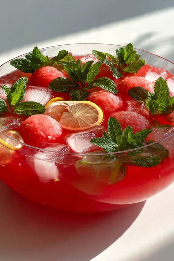 Refreshing Watermelon Soju Punch served in a glass with watermelon slices