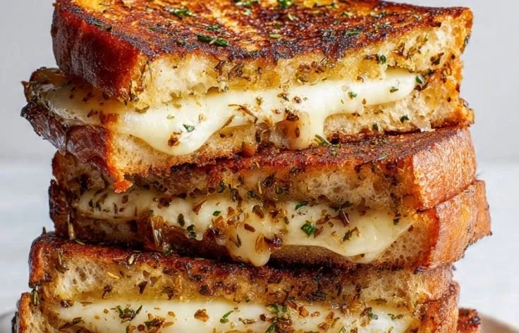 Za'atar Cheese French Toast topped with herbs and cheese on a plate.