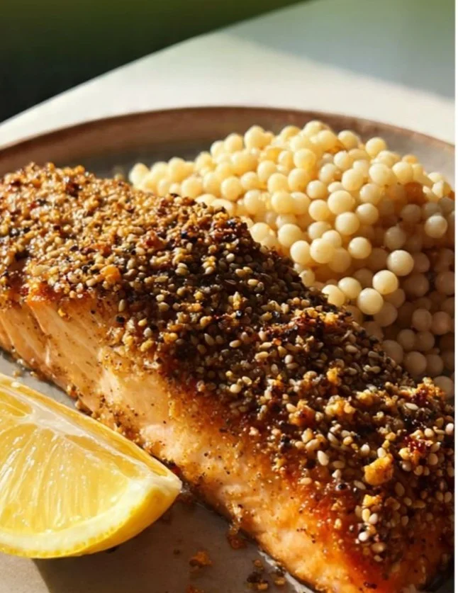 Za'atar roasted salmon with lemon garnished on a plate