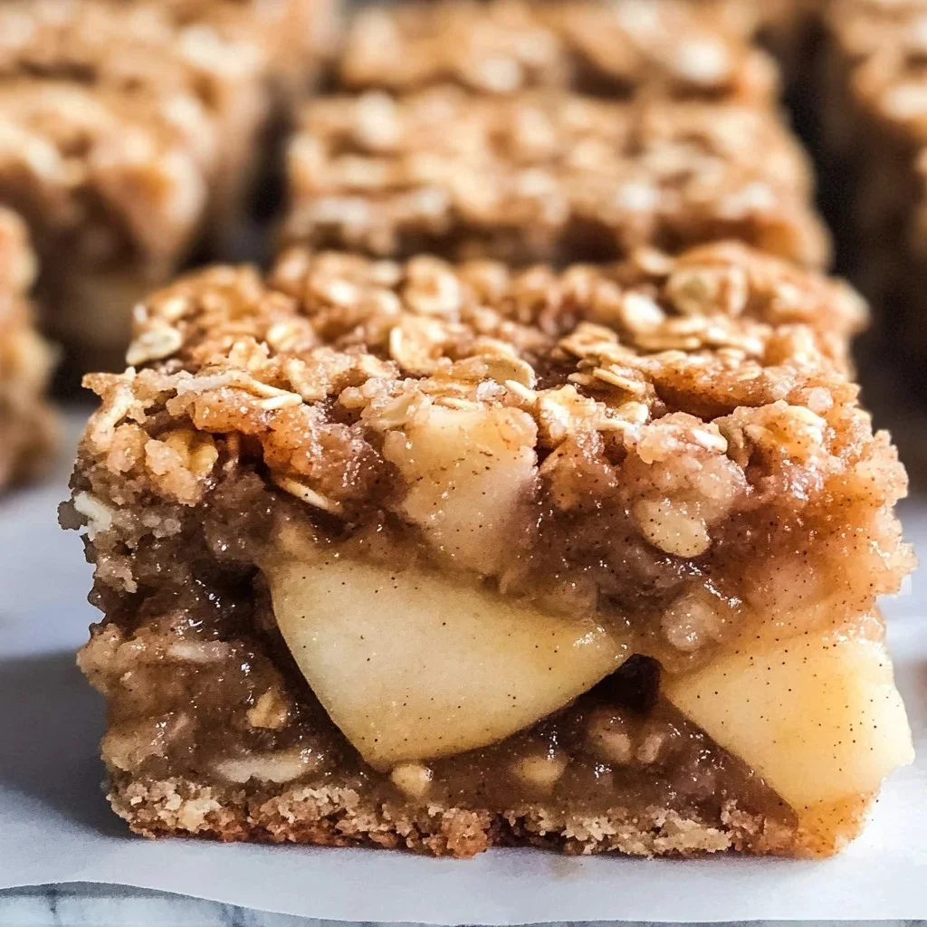 Delicious apple pie oatmeal bars topped with cinnamon and apples.