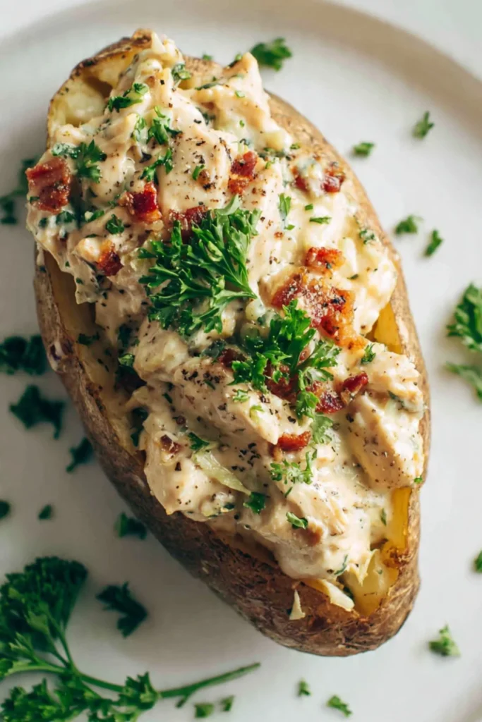 Creamy Chicken Alfredo Potatoes served in a bowl with fresh herbs