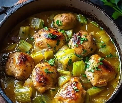 Delicious chicken leek stew served in a bowl with fresh herbs