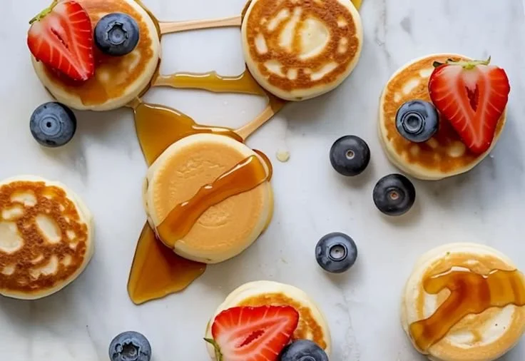 Cottage cheese mini pancakes served with fresh fruit and syrup