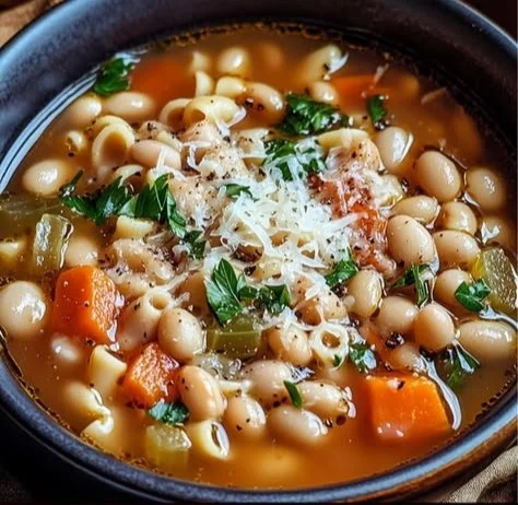 Warm bowl of cozy pasta and beans soup garnished with herbs