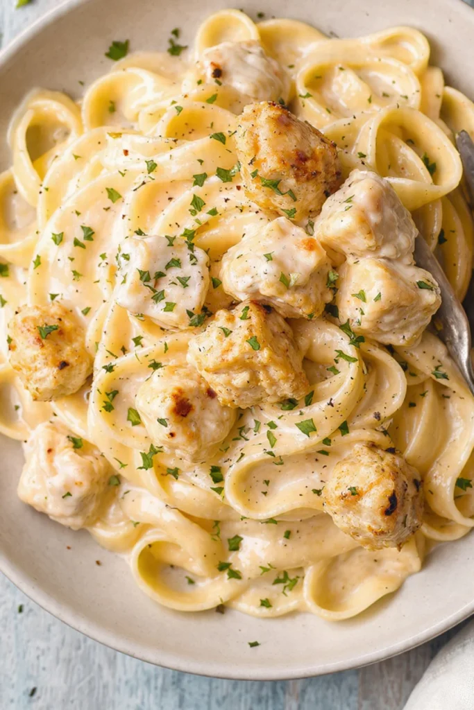 Creamy Fettuccine Alfredo with Lemon Pepper Chicken Bites served in a bowl.