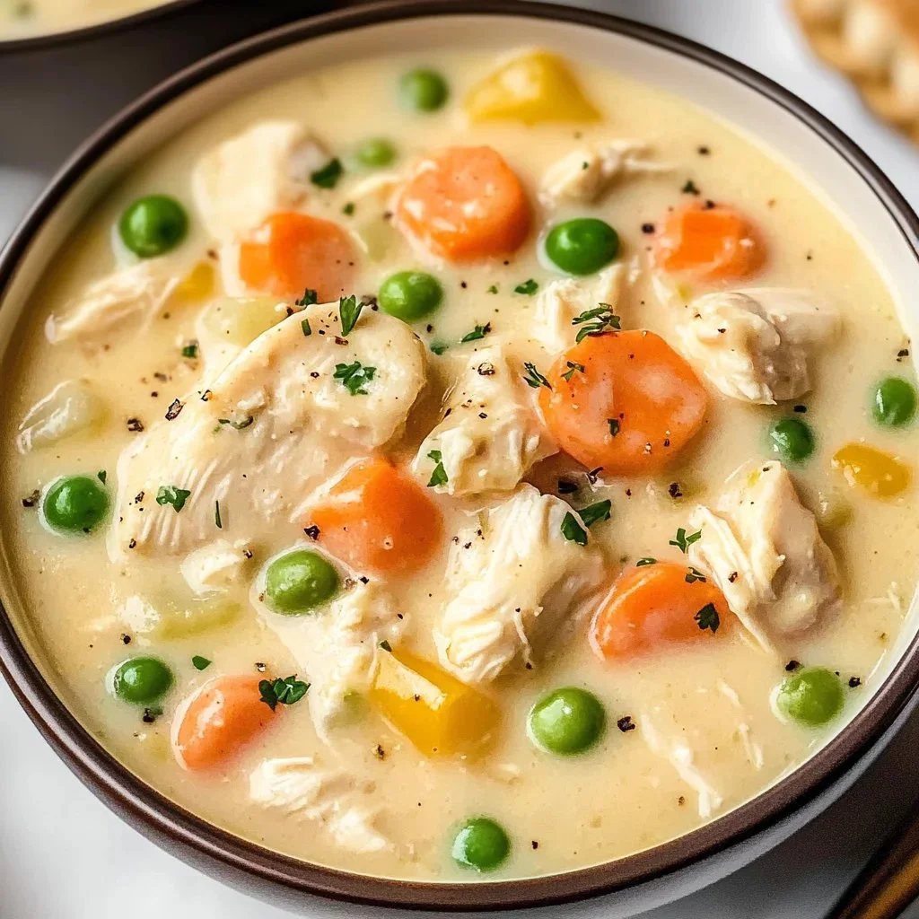 A bowl of creamy Chicken Pot Pie Soup garnished with herbs and vegetables.