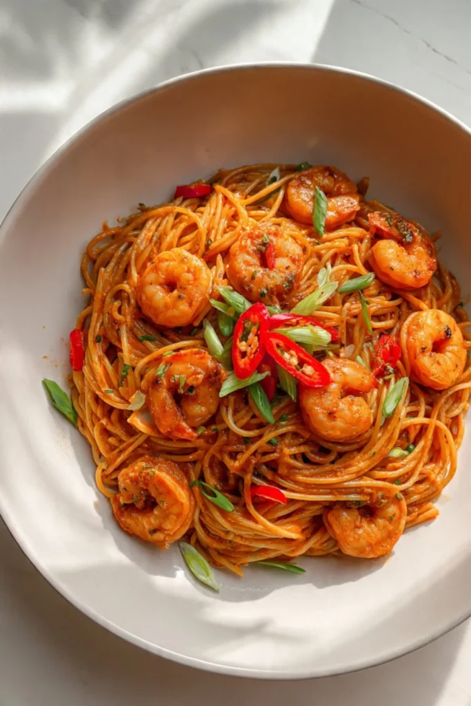 Creamy gochujang pasta with prawns garnished with herbs