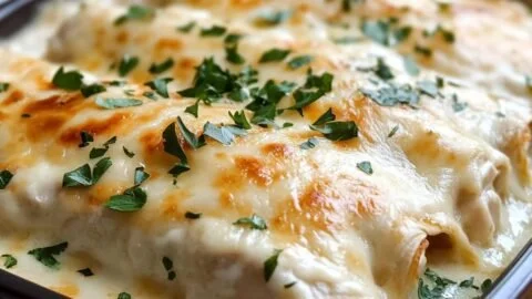 Delicious creamy white chicken enchiladas on a plate ready to serve.