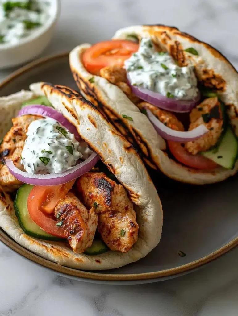 Crockpot Greek Chicken Pitas served with fresh tzatziki sauce