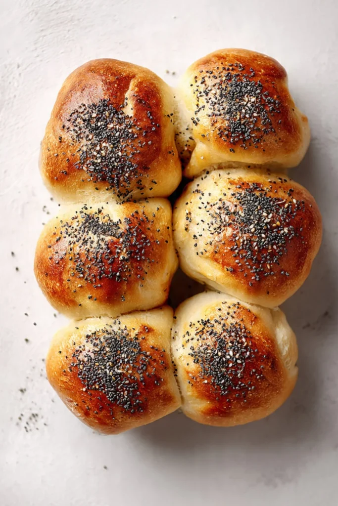 Freshly baked Danish poppy seed rolls on a wooden table