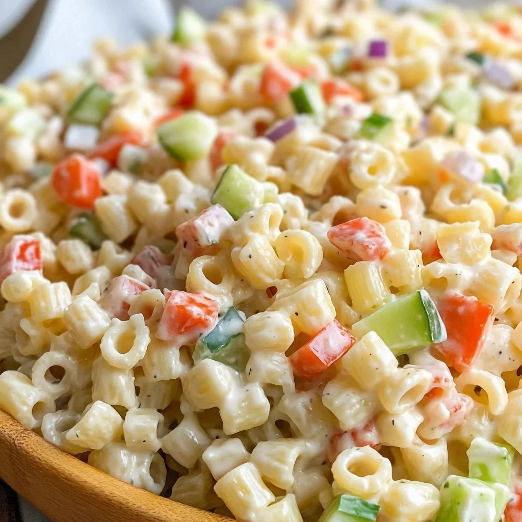 A colorful Ditalini Pasta Salad filled with fresh vegetables and herbs.