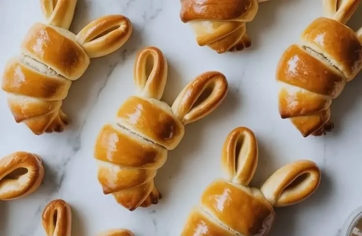 Easter Bunny Crescent Rolls shaped like bunnies with colorful sprinkles