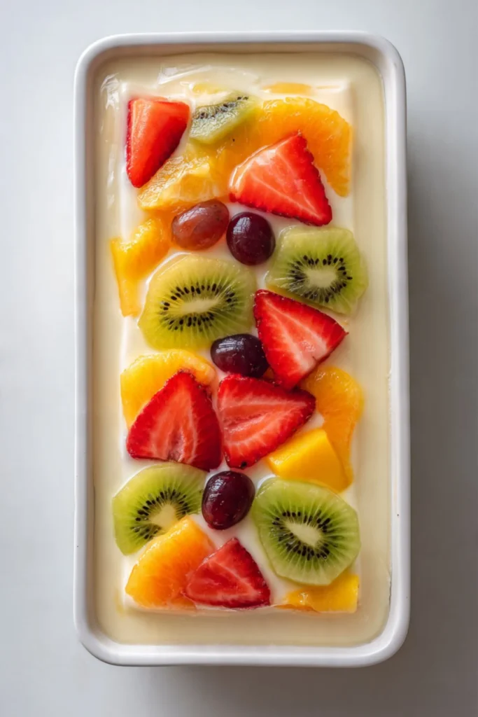 Delicious fruit cream dessert topped with fresh fruits