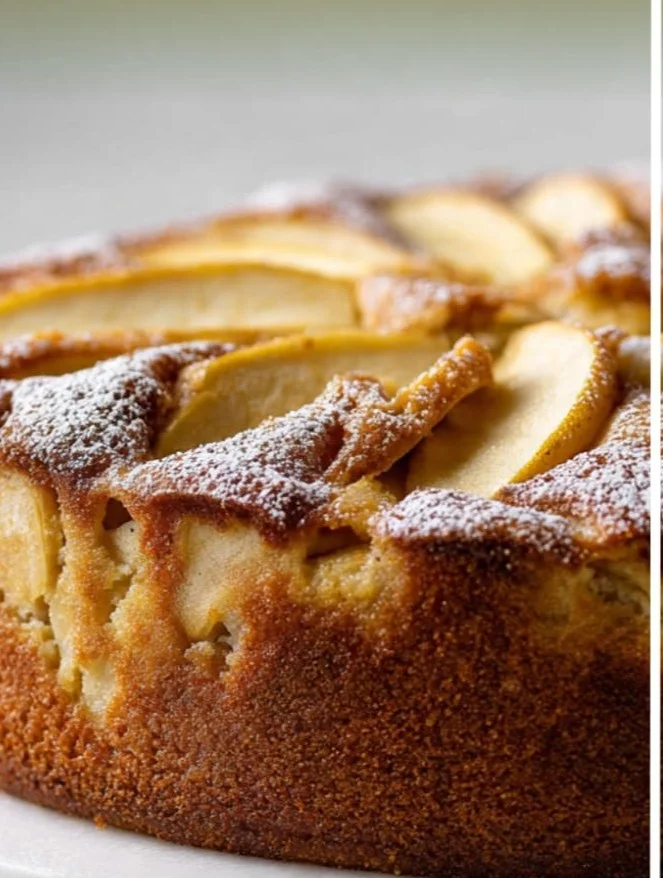 A slice of homemade German Apple Cake served on a plate with a fork.